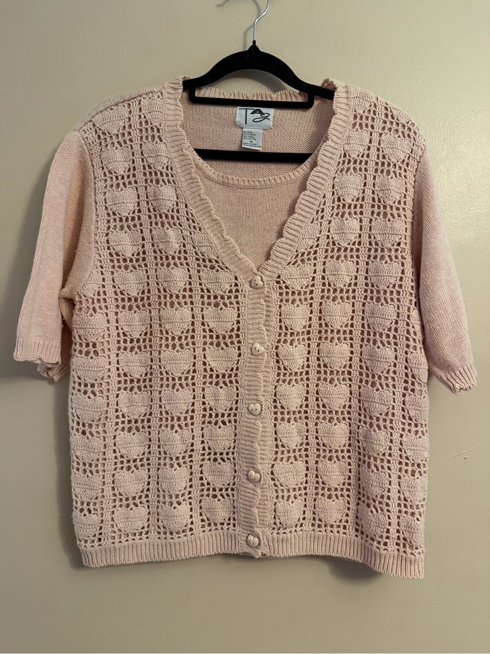 Vintage Tag Pale Pink Crochet Heart-Pattern Button Cardigan